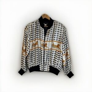 Vtg CoCo Womens Bomber Jacket L Satin Equestrian Horse Carriage Print Zip Front